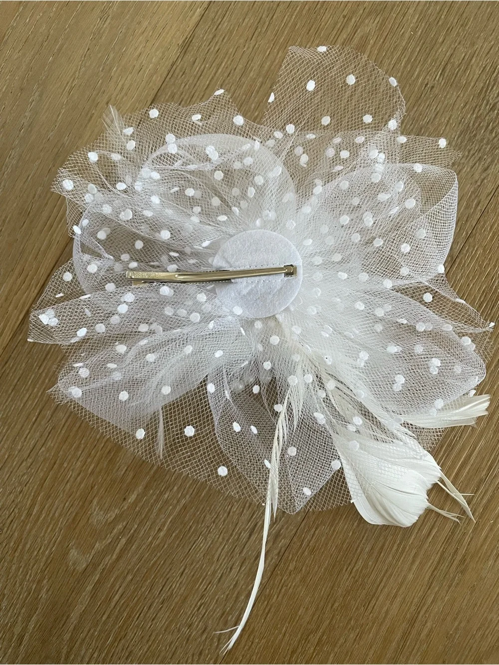 White Floral Tulle & Feather Hair Clip - Bridal Accent